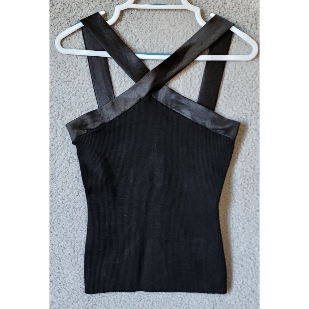 Bebe Women's Ribbed Tank Top Satin Criss Cross Front Straps Black Y2K‎ Sz Large